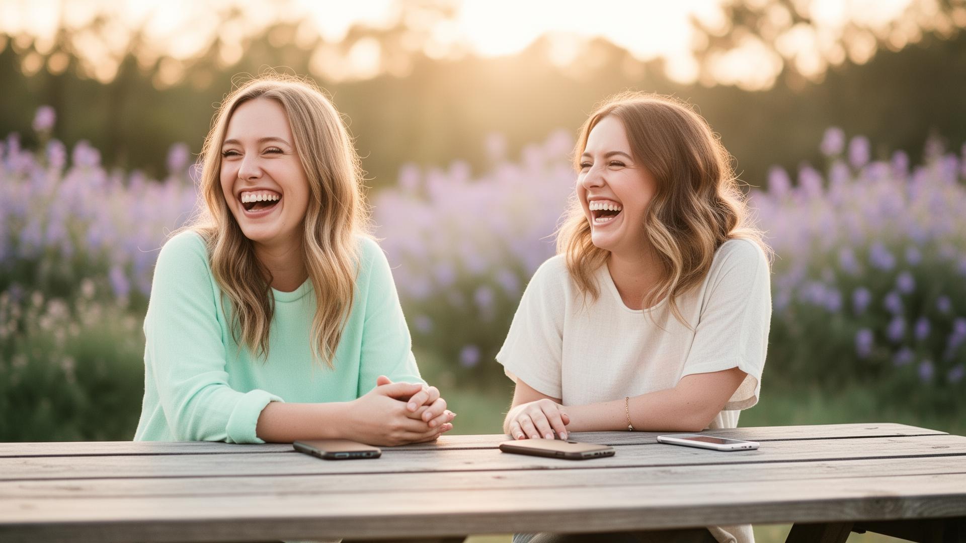 two friends laughing together with phones face down